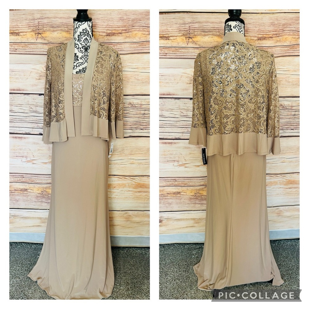 R&M Richards Women’s Mocha Tan Georgette Sequin Lace Jacket Maxi Dress Sz 12 NWT